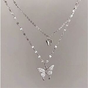 Elegant Rhinestone Butterfly Multi-Layer‎ Sterling Silver Necklace